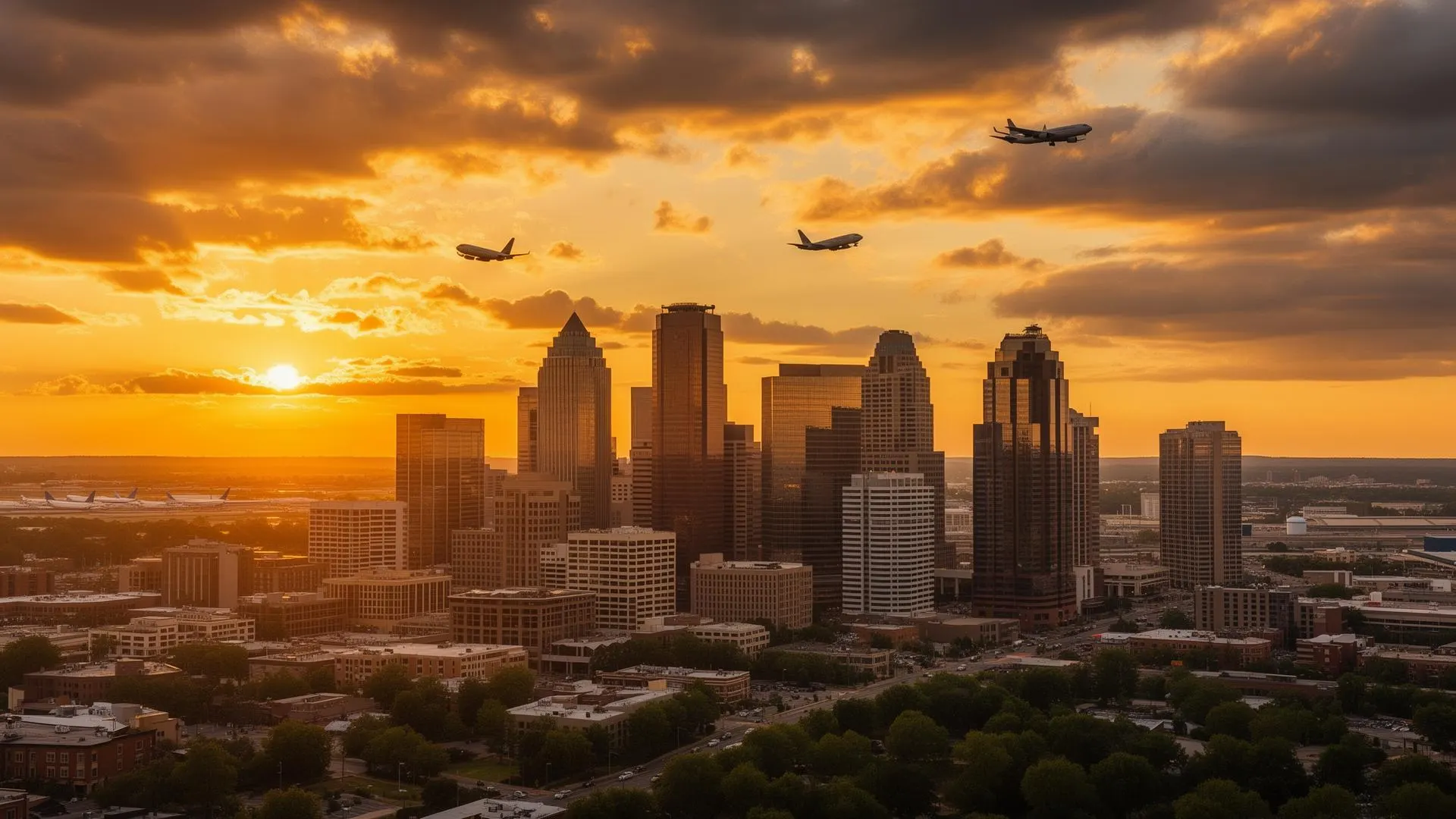 Atlanta skyline at sunset with planes flying over Hartsfield-Jackson International Airport
