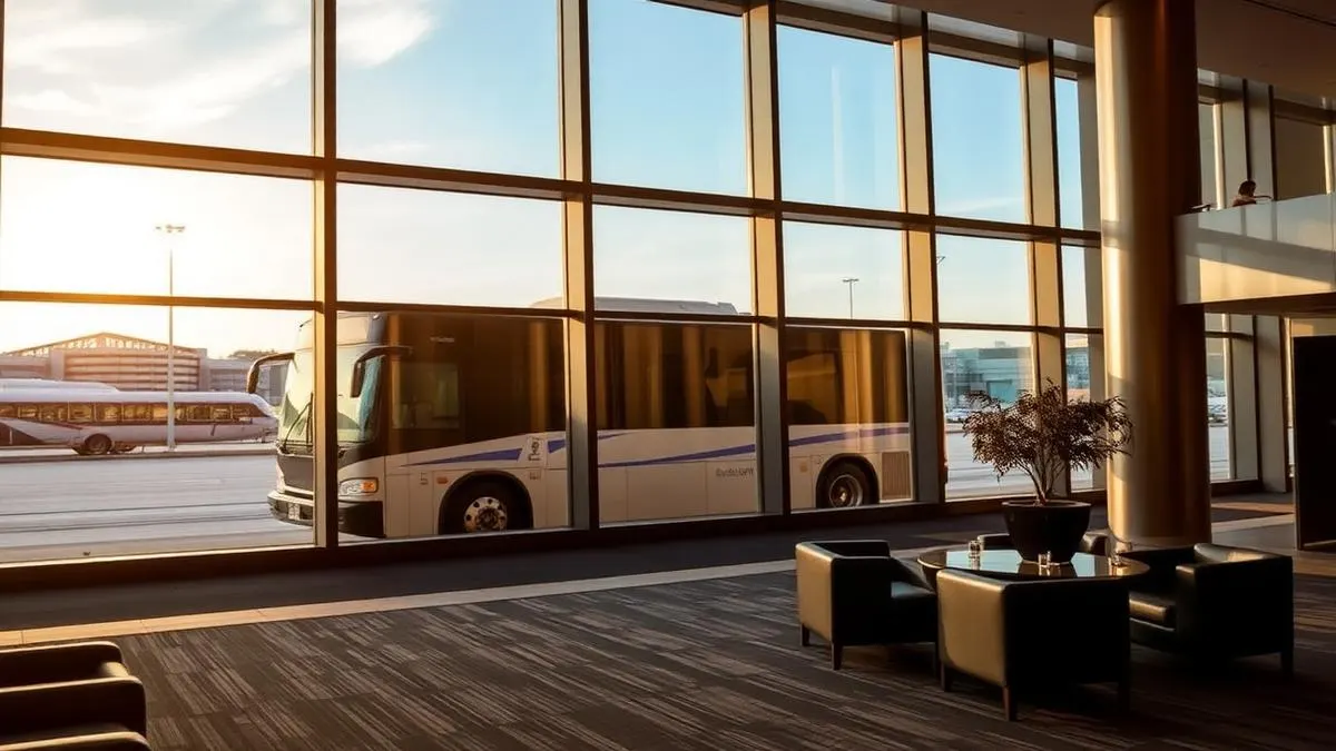 Hotel lobby near Atlanta airport with shuttle bus visible through windows