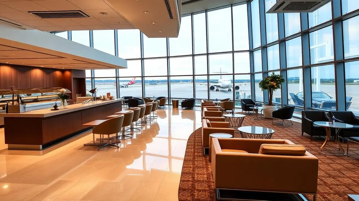 Luxurious airport lounge interior at Atlanta airport with runway views