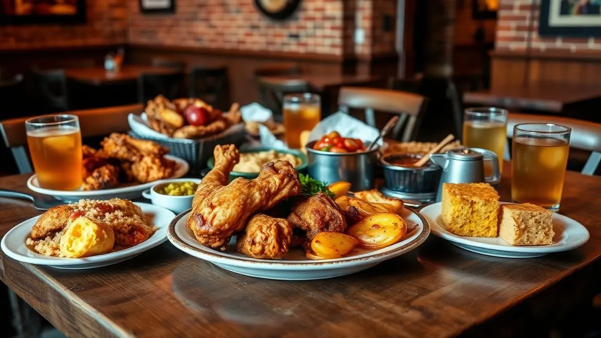 Southern food spread at a restaurant near Atlanta airport